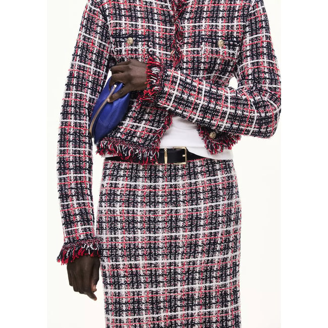 Veste en tweed à carreaux avec franges bleu marine <span itemprop=