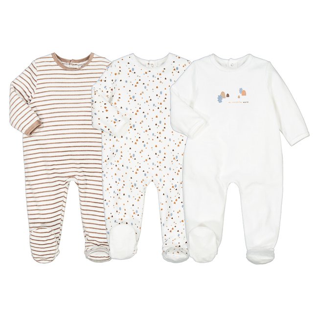 Pack of 3 Sleepsuits in Printed Cotton Mix Velour, ecru/printed, LA REDOUTE COLLECTIONS