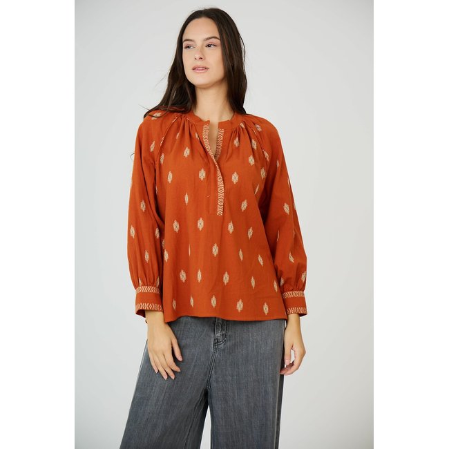 Tribal Print Cotton Blouse with V-Neck, orange, SEE U SOON