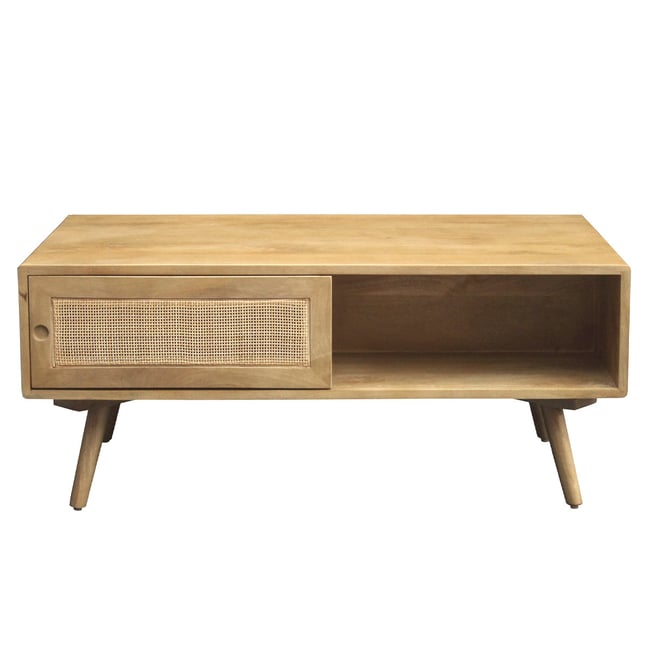 Table basse rectangulaire avec rangements en bois manguier massif et cannage rotin L100 cm ACANGE Couleur chêne clair <span itemprop=