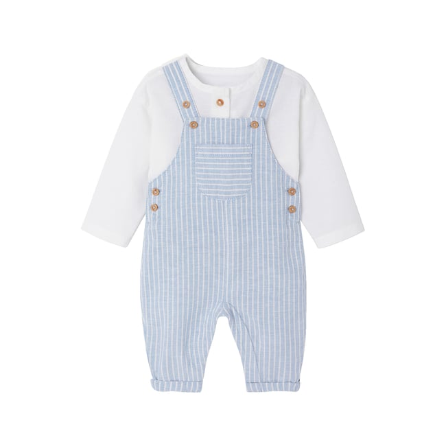 Ensemble bébé naissance cérémonie chemise salopette en lin et coton bleu <span itemprop=