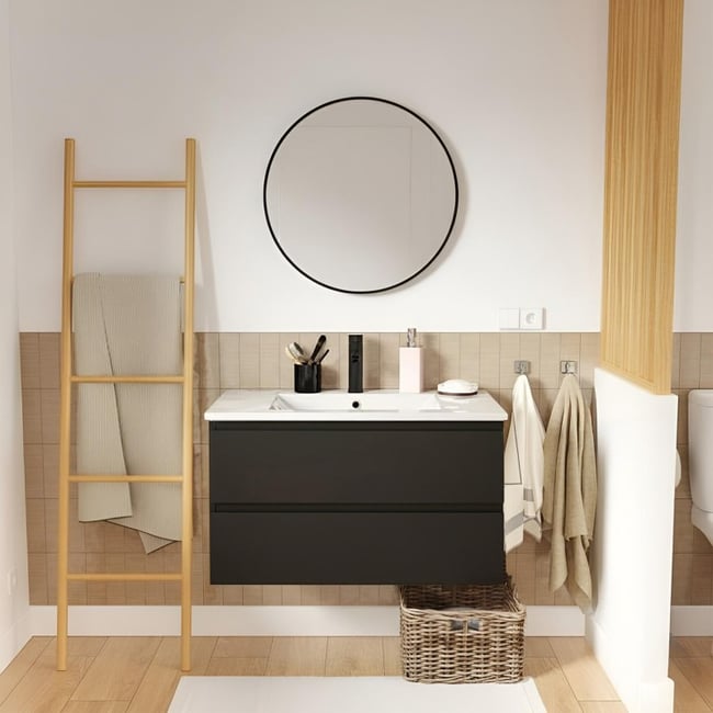 Meuble simple vasque 80cm décor chêne avec robinet et miroir SORRENTO - MOB IN