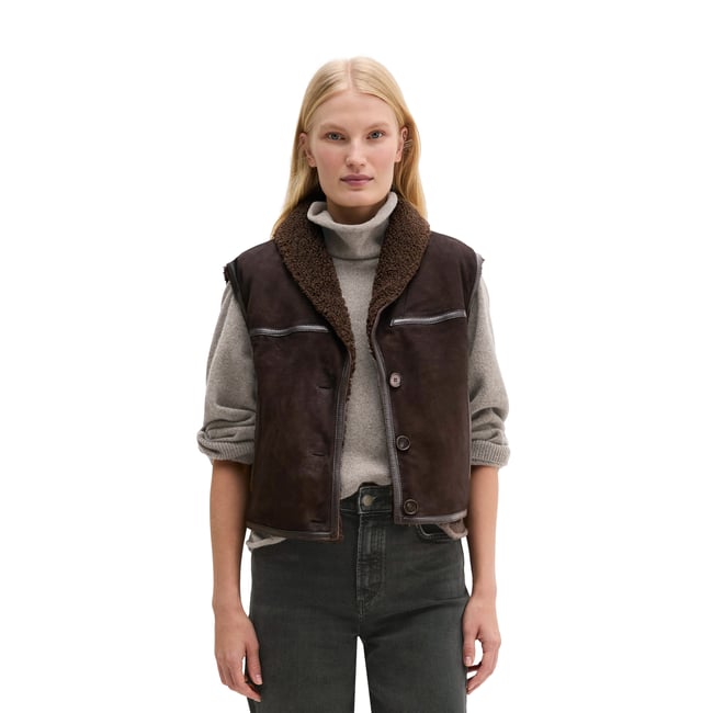 Gilet en cuir coupe classique avec une doublure en peluche imitation fourrure à l'intérieur marron <span itemprop=