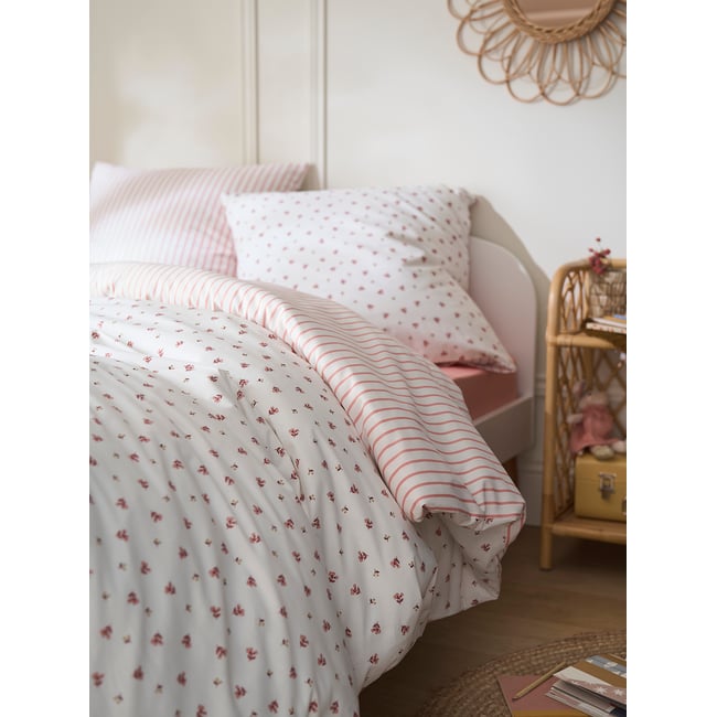 Parure housse de couette et taie d'oreiller réversible FLEURS RAYURES, avec coton recyclé rose imprimé <span itemprop=