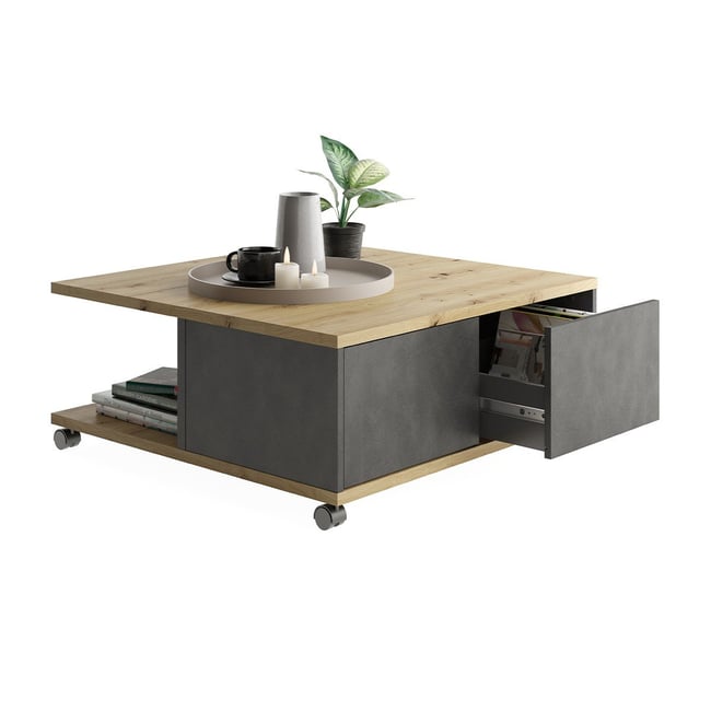 Table Basse sur Roulettes 2 Tiroirs 2 Niches L70 cm - Twin Couleur chêne artisan <span itemprop=