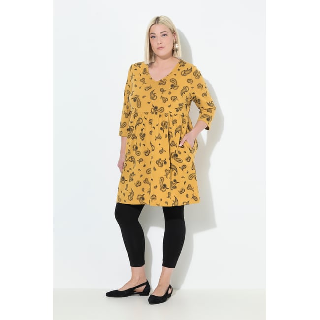 T-shirt long, décolleté en V et manches 3/4 moutarde <span itemprop=