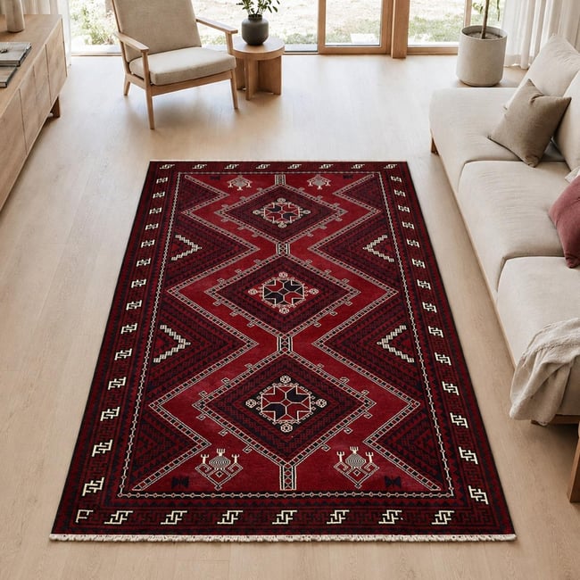 Tapis d'orient, motif oriental, noué à la main en laine, LORI 1 Couleur rouge, crème, noir <span itemprop=
