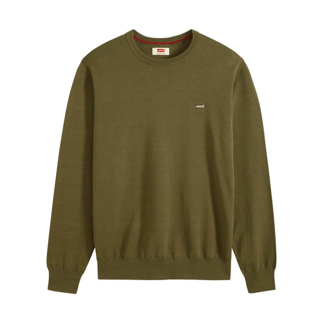Pull en coton kaki à coupe droite pourvu de manches longues et d'un col rond vert <span itemprop=