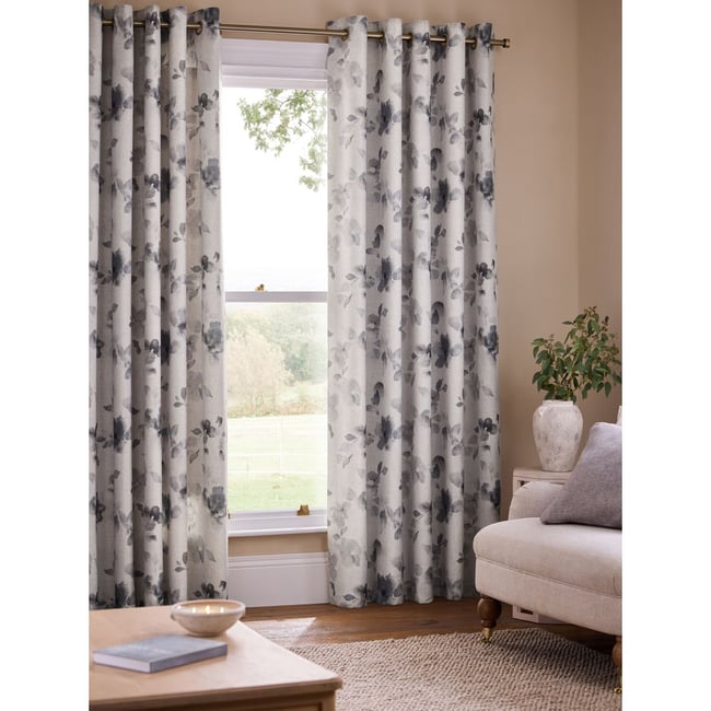 Rideaux doublés à œillets fleurs effet flouté gris <span itemprop=