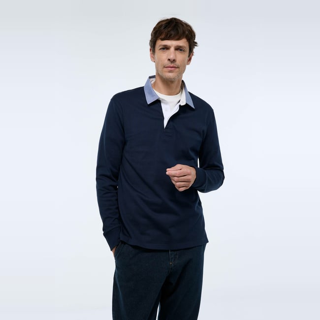 Polo manches longues en coton BIO GOTS marine <span itemprop=
