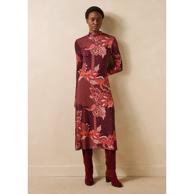 Robe longue imprimée manches longues col montant rouge <span itemprop=