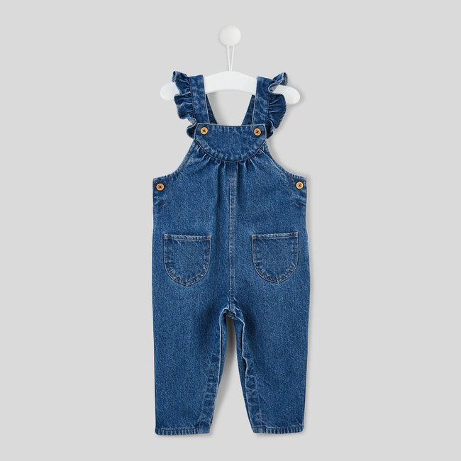 Salopette longue à bretelles unie en coton bleu denim <span itemprop=