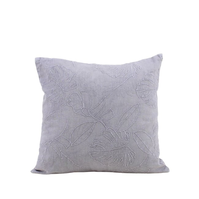 Coussin brodé feuillage avec lin 40x40cm gris <span itemprop=