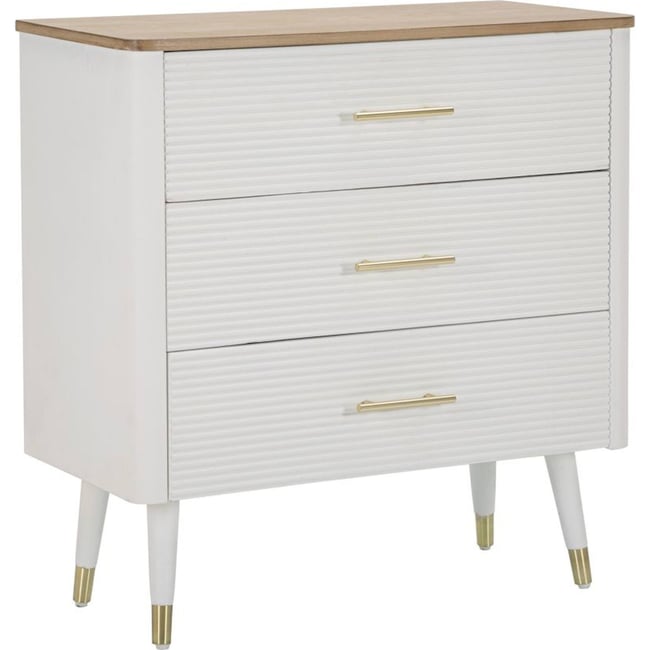 Commode frêne et pin 3 tiroirs poignées laiton Couleur blanc et brun avec détails dorés <span itemprop=