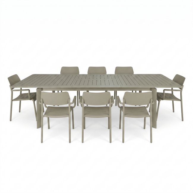 Ensemble de jardin extensible 8/12p en aluminium Kaki clair 8 fauteuils HAVANA kaki clair <span itemprop=