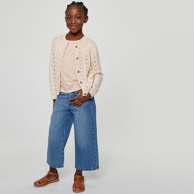 Cotton openwork knit cardigan with button fastening, ivory, La