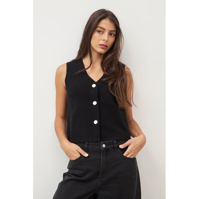 Gilet droit court sans manches col v noir <span itemprop=