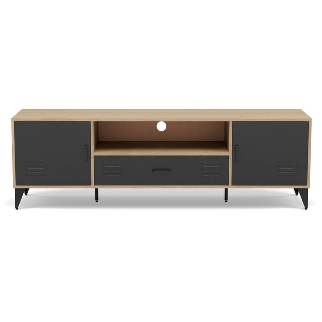 Meuble TV bois métal 2 portes et 1 tiroir, TRIBECA Couleur bois / noir <span itemprop=