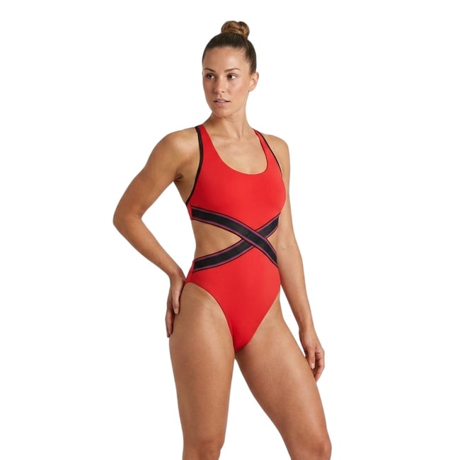 Maillot de bain 1 pièce motif/style découpé rouge <span itemprop=