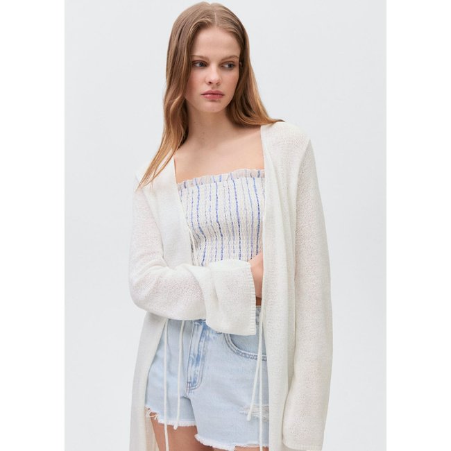 Cardigan long maille blanc cassé <span itemprop=