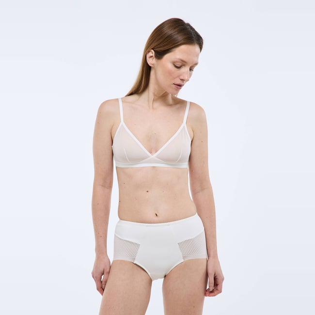 Culotte taille haute en microfibre et dentelle ecru <span itemprop=