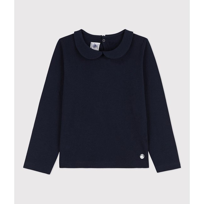 T-shirt manches longues col claudine bleu marine <span itemprop=