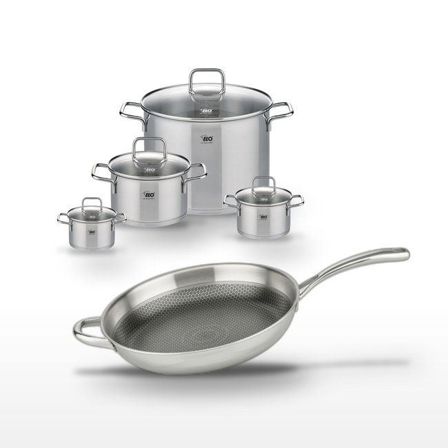 Batterie de cuisine 1 poêle 32cm + 4 faitouts RELIEF EVOLUTION inox <span itemprop=