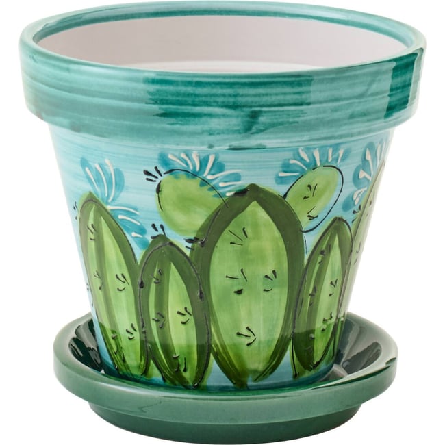 Cache-pot en céramique motif cactus Couleur multi vert et bleu <span itemprop=