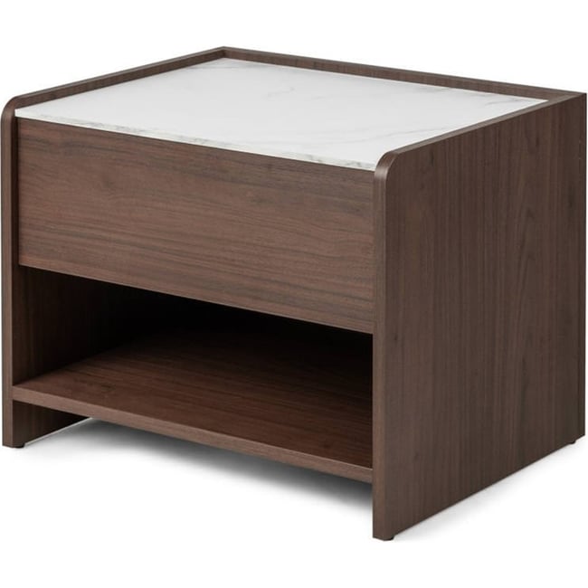 Table de chevet en chêne effet pierre Couleur noyer villa et marbre blanc <span itemprop=