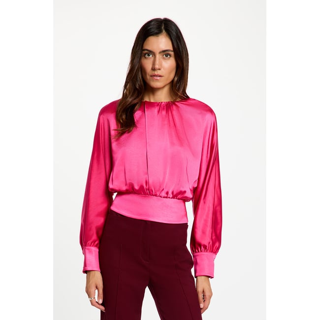 Blouse satinée manches longues rose vif <span itemprop=