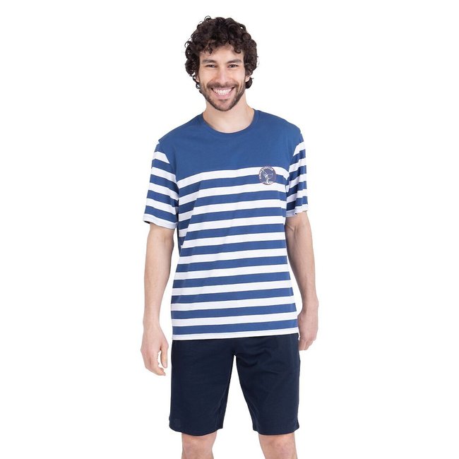 Pyjashort rayé, col rond bleu/bleu marine <span itemprop=
