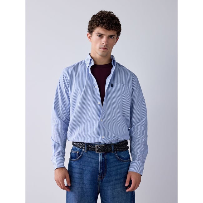 Chemise oxford standard boutonnée rayures bleues <span itemprop=