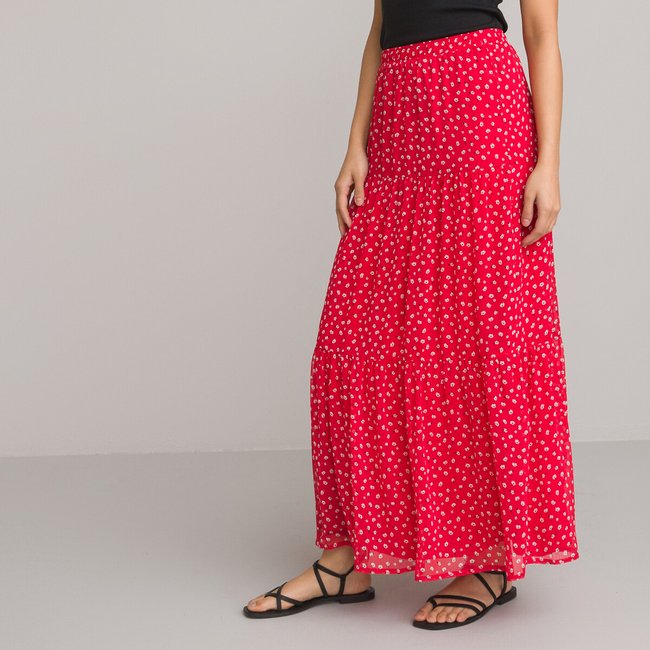 Jupe longue volantée, imprimé floral imprimé fleurs fond rouge <span itemprop=