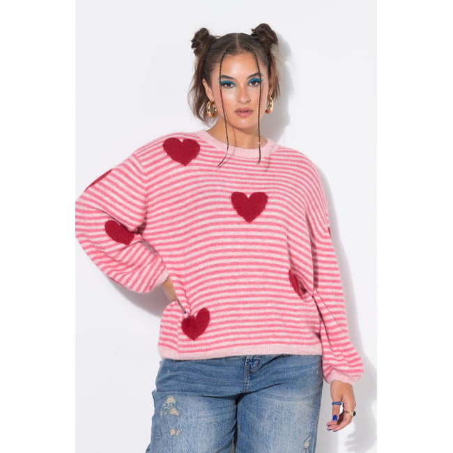 Pull douillet, coupe Boxy, motif cœurs rose <span itemprop=