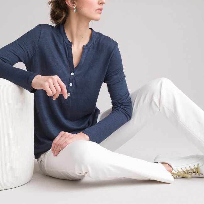 Linen Grandad Collar T-Shirt with Long Sleeves, navy blue, ANNE WEYBURN