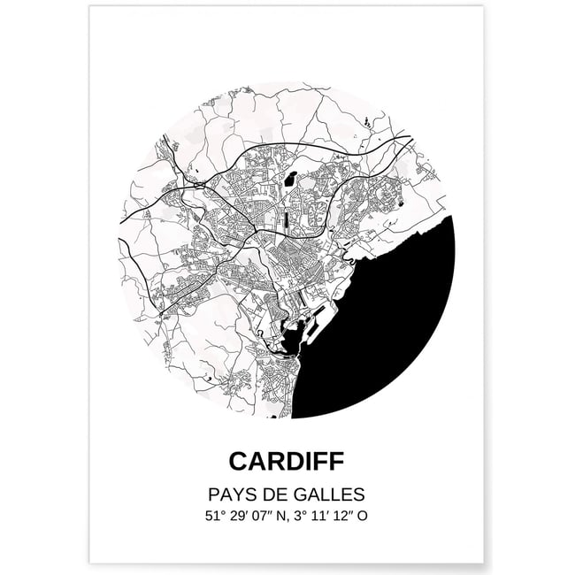 Affiche Carte Cardiff Couleur blanc <span itemprop=