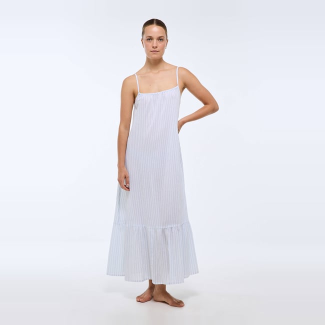 Chemise de nuit longue fines bretelles rayée en coton BIO GOTS bel air <span itemprop=