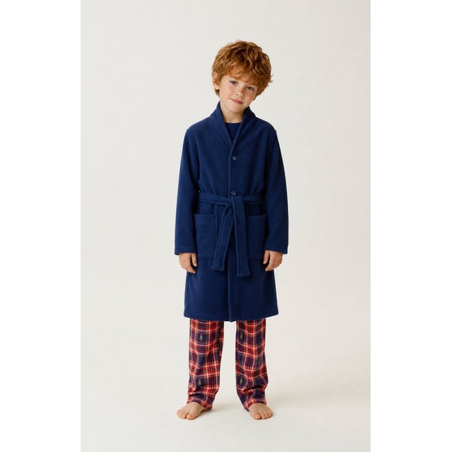 Robe de chambre enfant en micropolaire couleur unie Casse-noisette marine <span itemprop=
