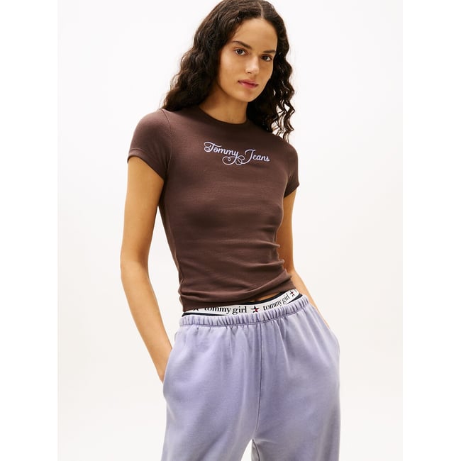Crew Neck T-Shirt with Logo with Short Sleeves, brown, TOMMY JEANS