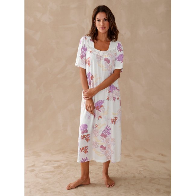 Chemise de nuit longue maille coton imp. fond écru <span itemprop=
