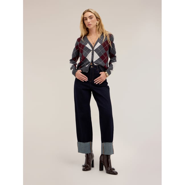 Jean cropped taille haute avec revers bleu <span itemprop=