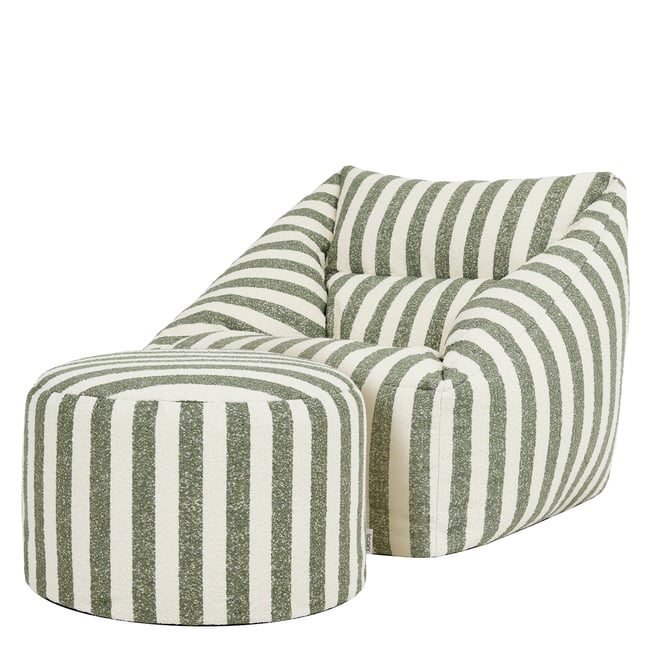 Pouf fauteuil et son repose-pied rond en bouclette rayée Oeko-Tex® - NATALIA Couleur vert olive <span itemprop=
