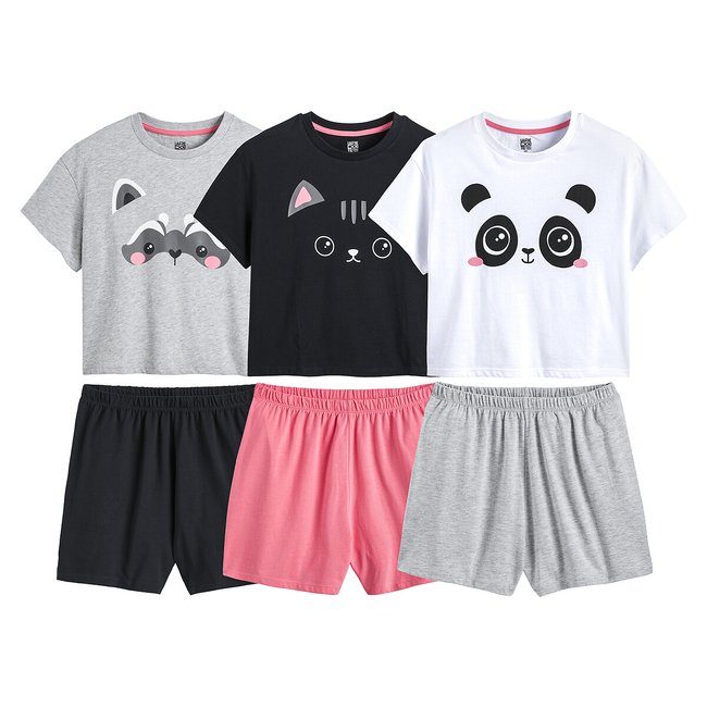 Lot de 3 pyjashorts, motifs animaliers gris + noir + blanc <span itemprop=