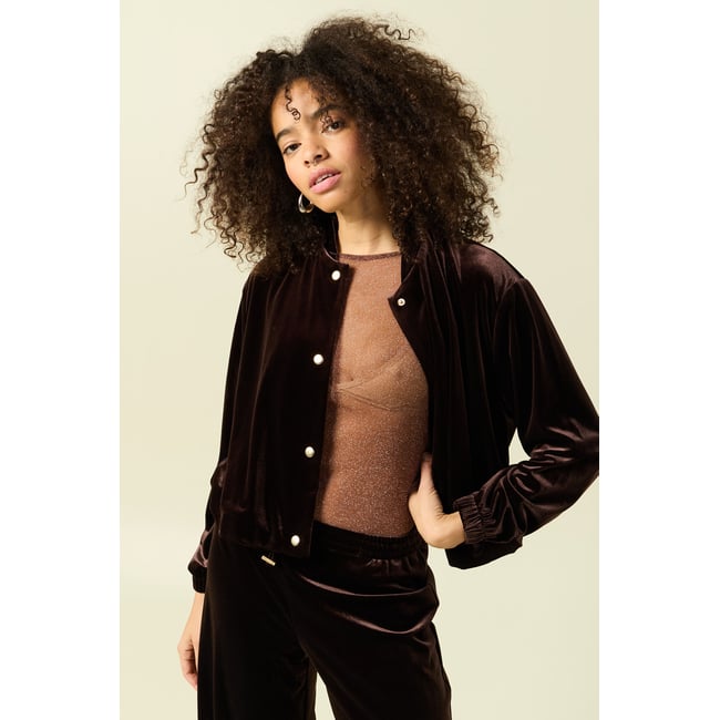 Gilet court droit en velours doublé marron foncé <span itemprop=