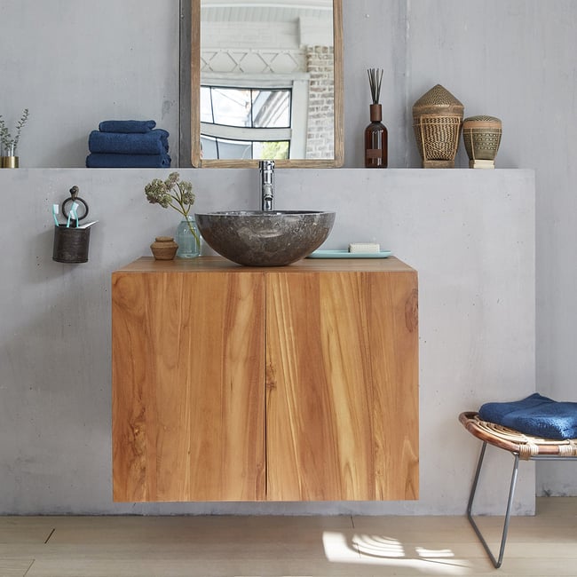 Meuble de salle de bain en teck massif 80 cm  MAË Couleur naturel <span itemprop=