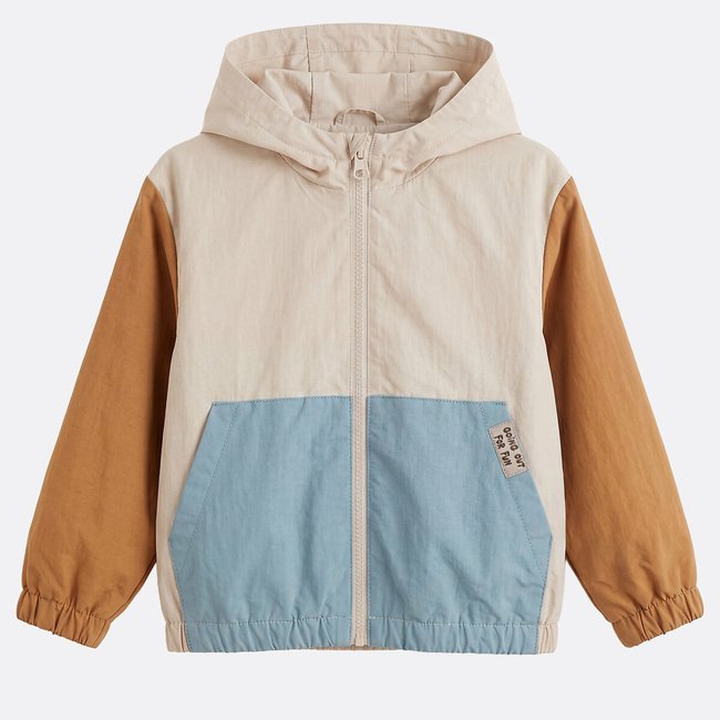 Blouson coupe-vent à capuche color block bleu + écru <span itemprop=