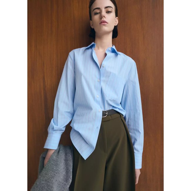 Chemise droite mélange coton et lyocell bleu <span itemprop=