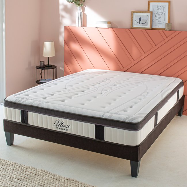 Ensemble ALTESSE Matelas Mémoire + sommier tissu Couleur blanc <span itemprop=