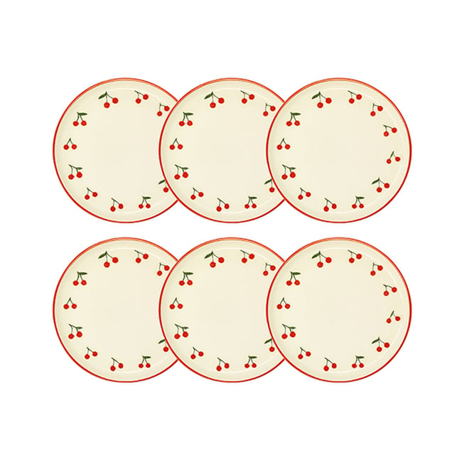 Lot de 6 assiettes à dessert 20cm en grès, CERISE Couleur beige et rouge <span itemprop=
