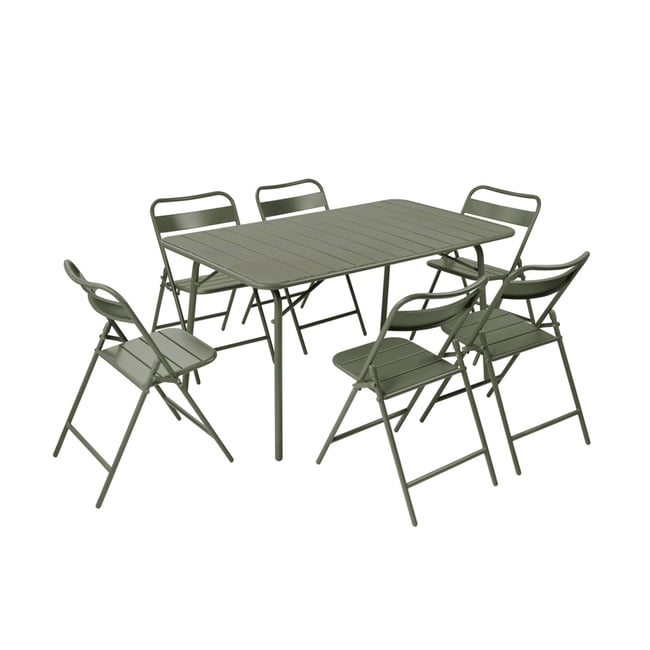 Table de jardin pliante métal + 6 assises AMELIA kaki <span itemprop=